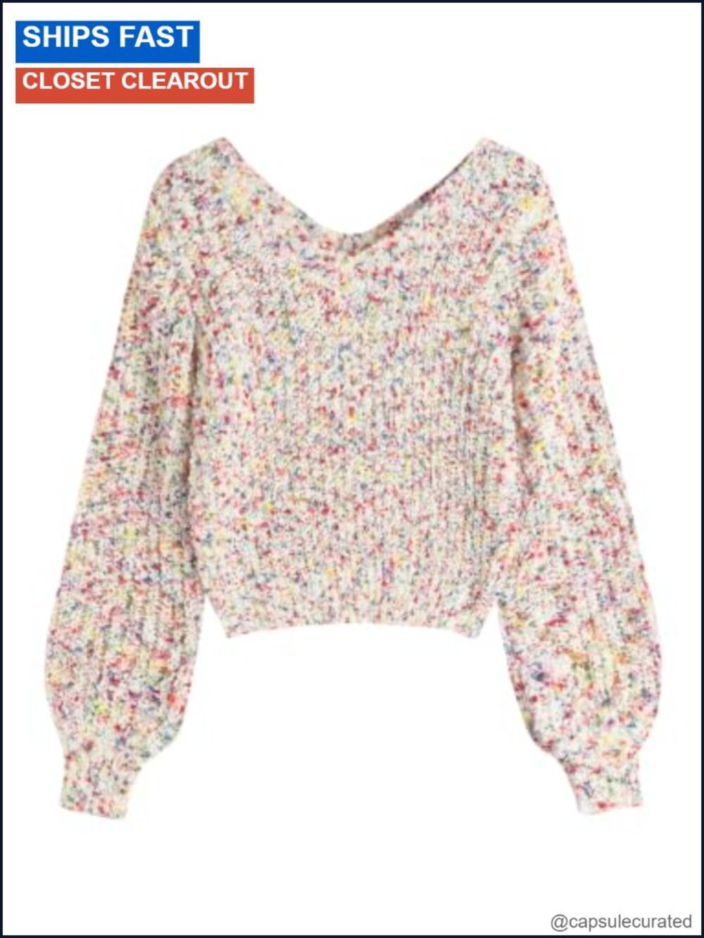 Cropped V-Neck Knit Pullover Sweater Long Sleeve Raglan Top